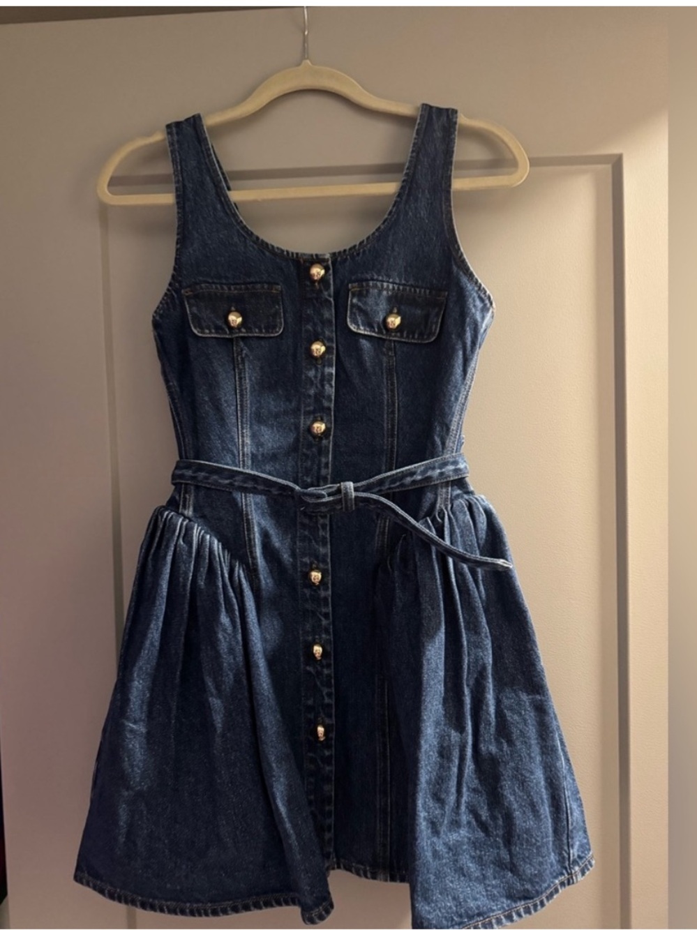 Self Portrait Flared Denim Button-Up Mini Dress with Ruffles - Picture 4 of 7